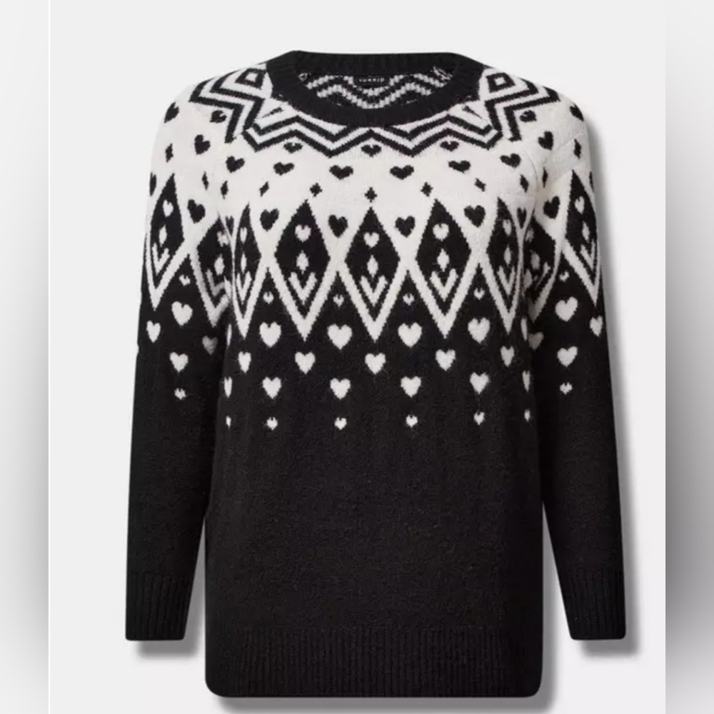 Torrid Vegan Cashmere Fairisle Pullover Sweater Black White Hearts